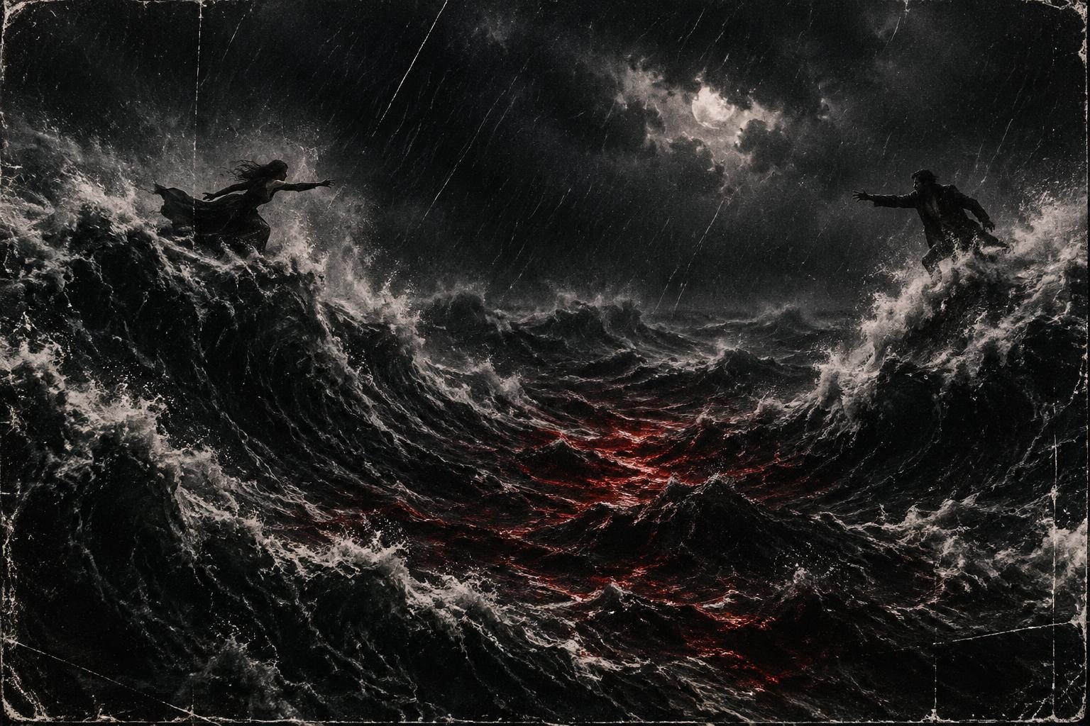 Due figure lontane, una a sinistra e una a destra, che si tendono le braccia su un mare in tempesta